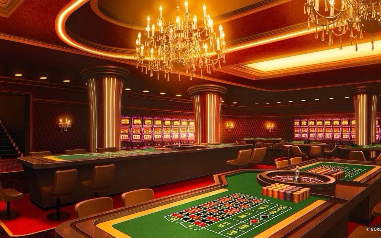 Tampilan meja kasino digital dengan elemen kartu dan pilihan room